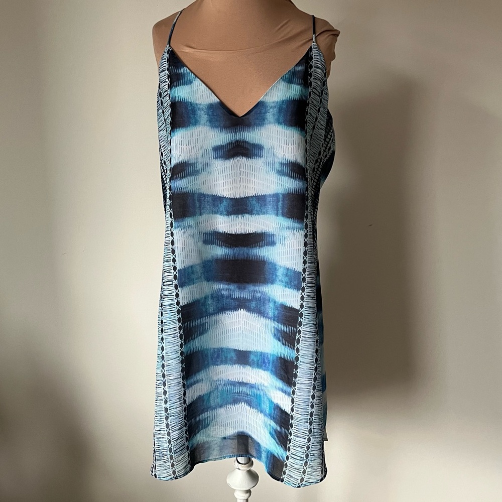 Lavender Brown Blue Abstract Print Spaghetti Strap V-Neck Mini Dress NWT Size L